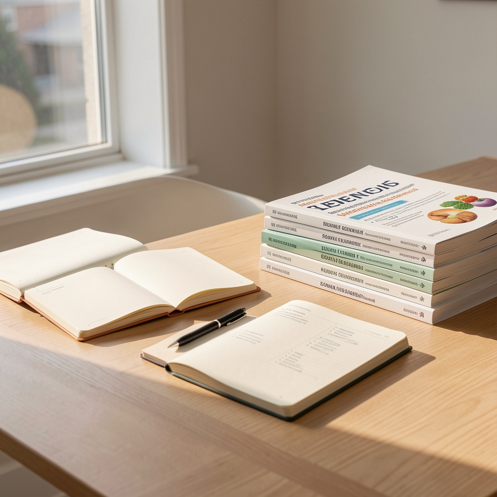 Editorial workspace with open notebooks, a stack of nutritional research publications, and morning light across a clean wooden desk surface