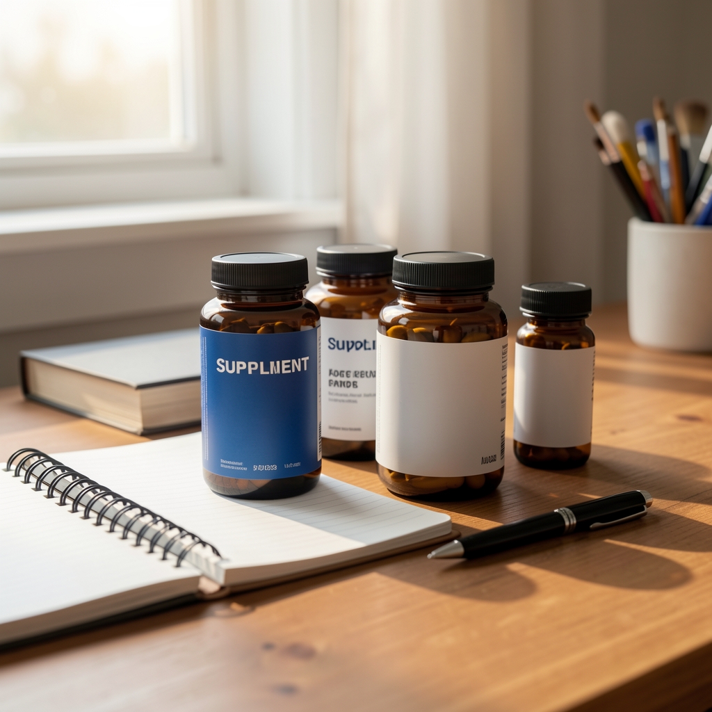 Close-up of supplement containers arranged on a wooden desk with a notebook and pen, morning light, editorial composition