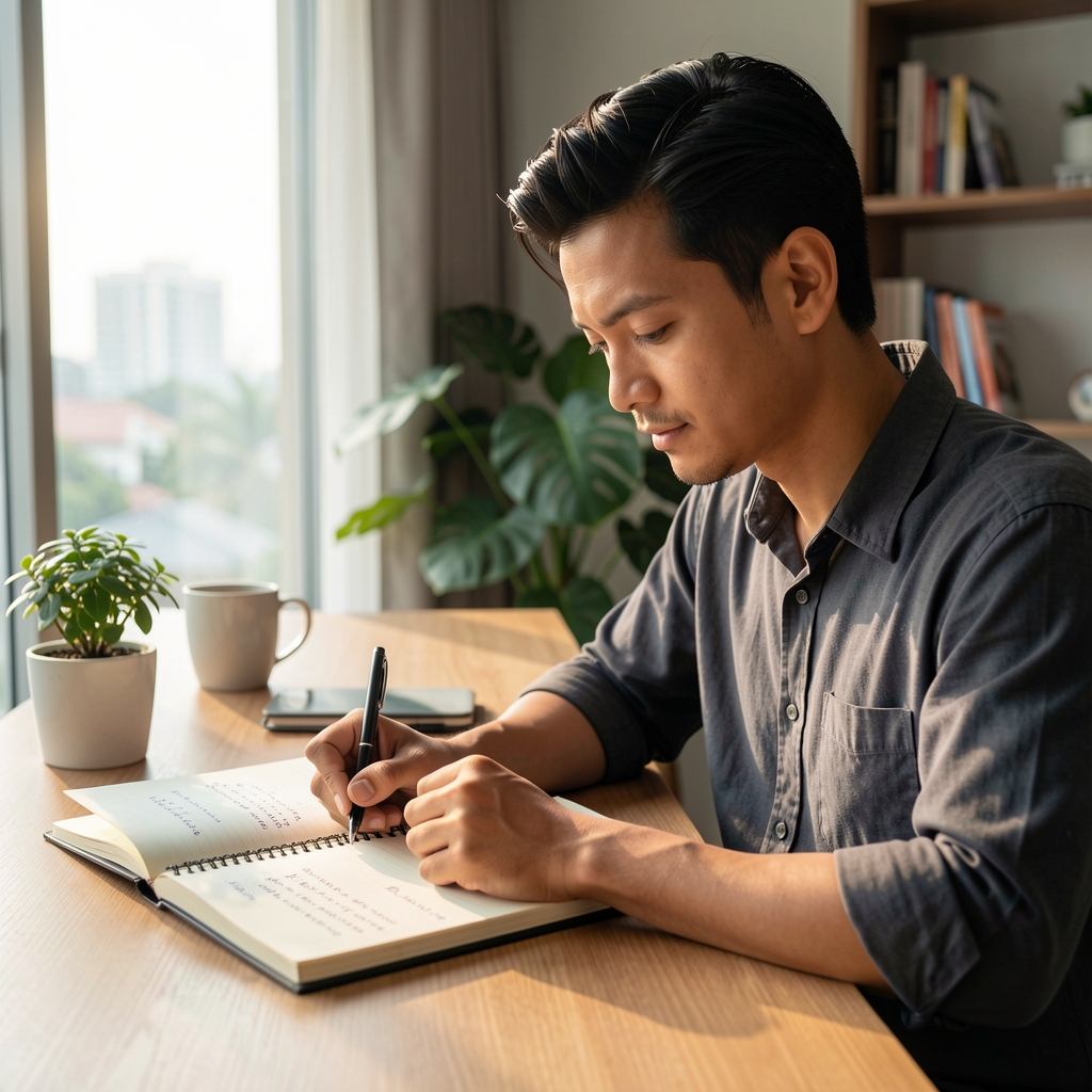 Man journalling at a desk in soft morning daylight, supplement routine notes visible on paper, Jakarta apartment