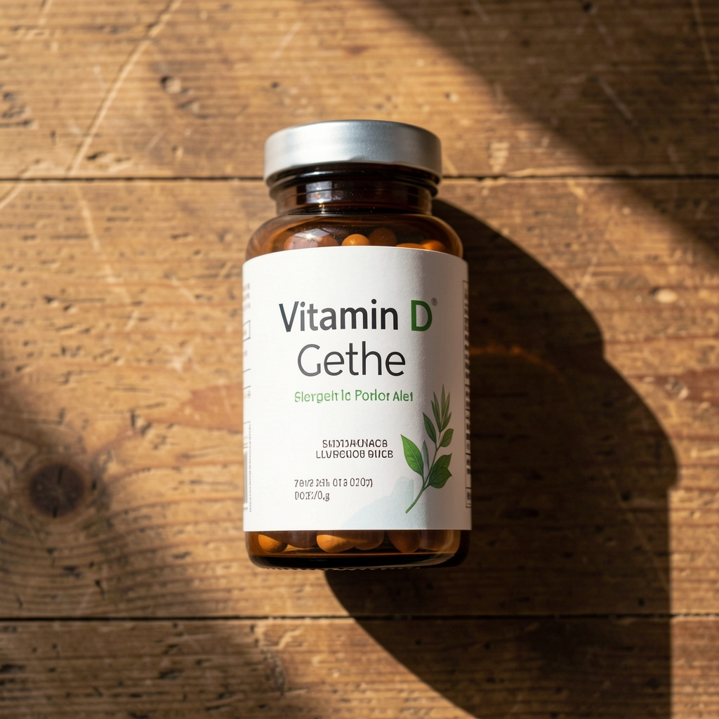 Vitamin D supplement bottle on a wooden surface, morning light, editorial flat lay composition