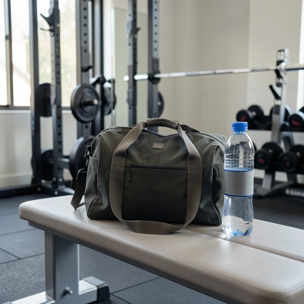 Gym bag and water bottle on a clean bench, resistance training equipment in background, editorial flat lay