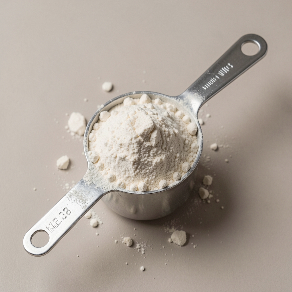 Protein powder in a measuring scoop on a neutral background, editorial overhead composition