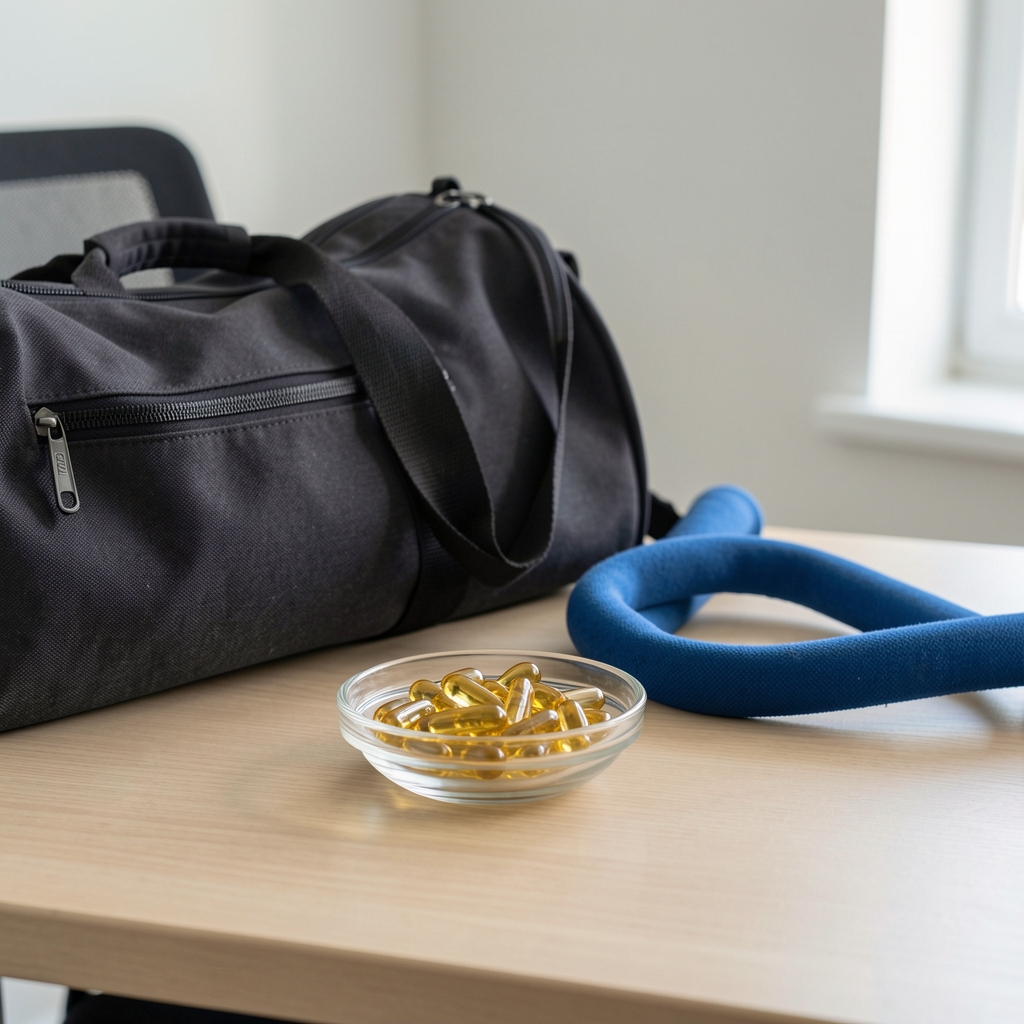 Omega-3 fish oil portions in a small glass dish beside a gym bag and resistance band on a minimal desk surface