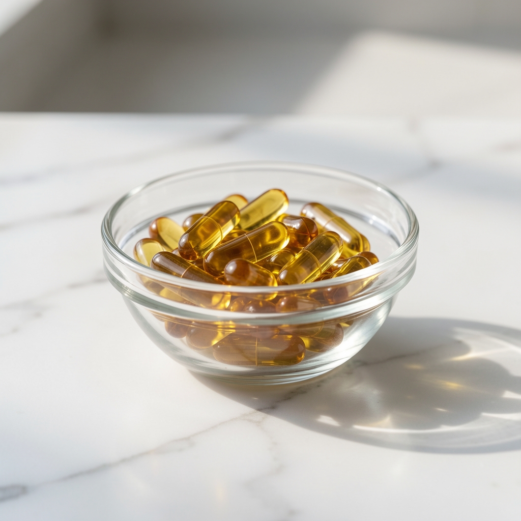 Omega-3 fish oil portions in a small glass bowl on white marble surface, natural light editorial photography
