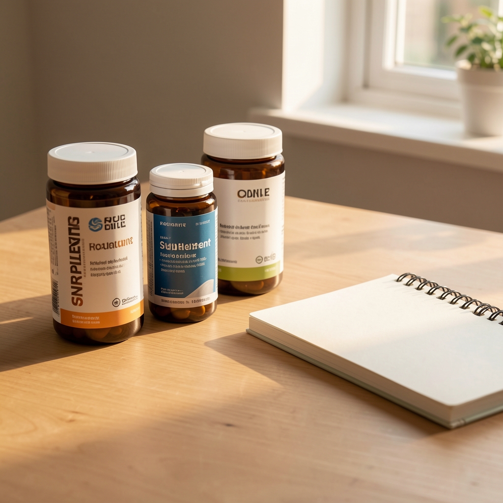 Supplement containers and a notebook on a clean wooden desk, morning editorial composition, warm natural light